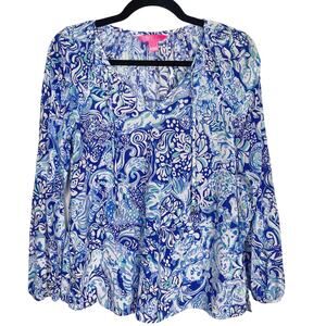 Lilly Pulitzer XSmall Blue Willa Top Royal Purple 60 Animals Tie V Neck Blouse